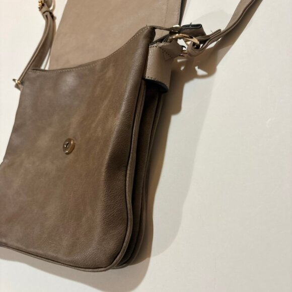 ALYSSA Double Compartment Flap Crossbody Bag Taupe Faux Leather Gold Hardware - Picture 8 of 12